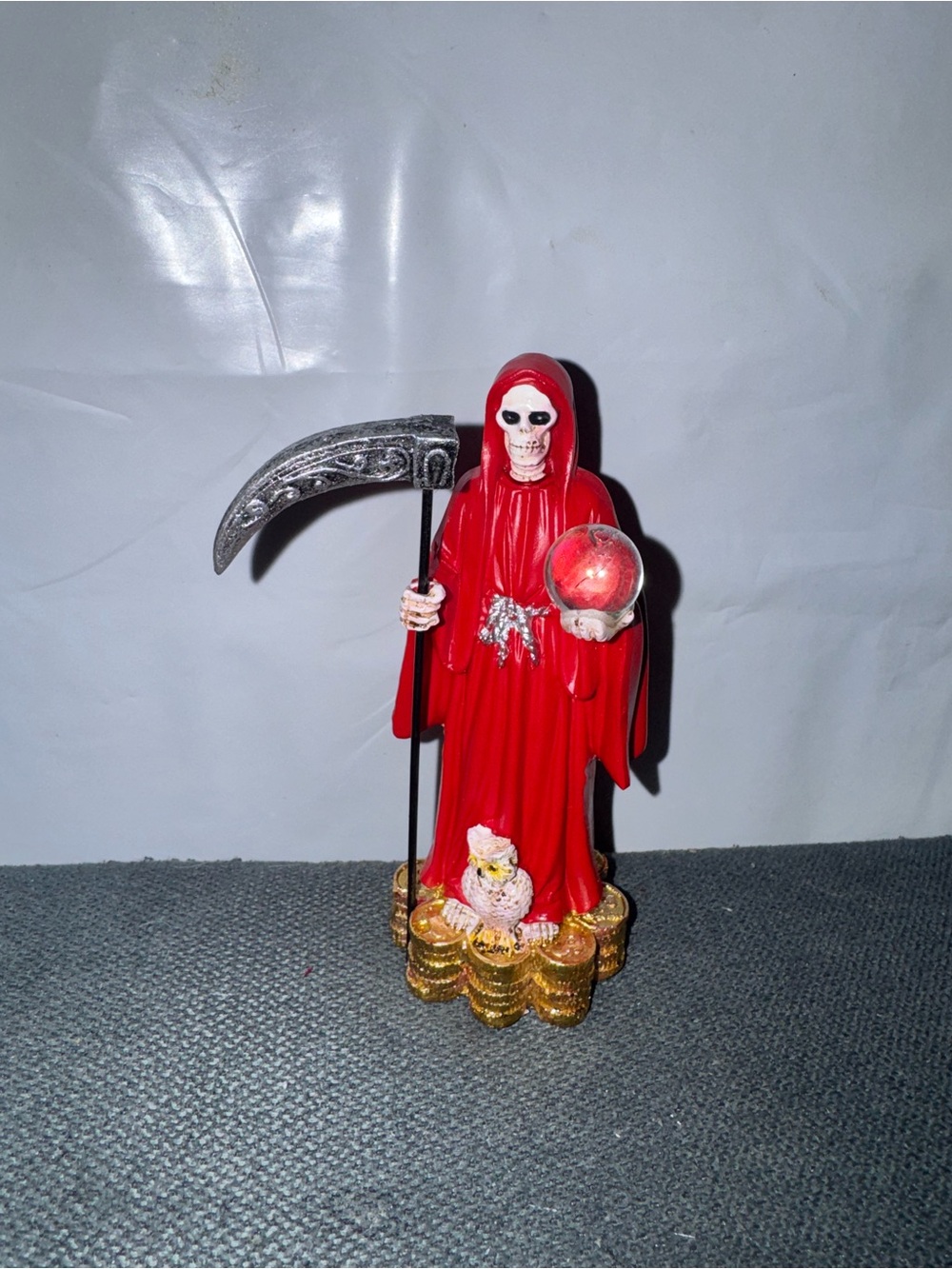 6 inch’s Santa muerte Red Grim Reaper Figurine with Scythe and Crystal Orb